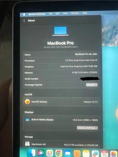 Macbook Pro 2017 13 polegadas