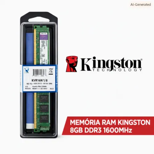 Memória RAM Kingston 8GB DDR3 1600MHz PC3-12800 KVR16N11/8 Desktop DIMM 240 Pinos CL11 pod