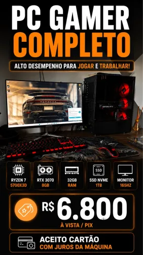 PC Gamer Completo Ryzen 7 5700X3D + RTX 3070 + 32GB + Monitor 165Hz