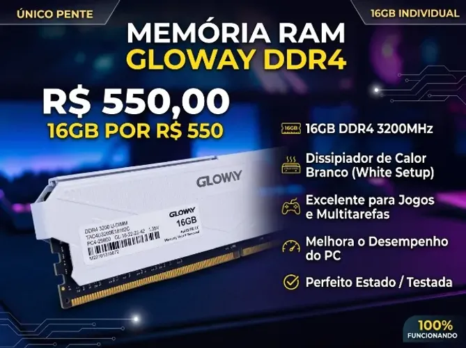 Memória RAM Gloway DDR4 16GB 3200MHz Branca - Impecável / Testada
