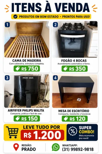 Móveis e eletros à venda (cama madeira, fogão, airfryer, mesa)