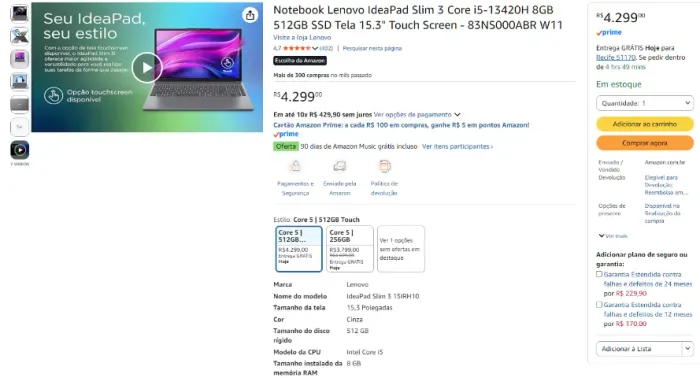 Lenovo IdeaPad Slim 3 Core i5-13420H 8GB 512GB SSD Tela 15.3" Touch Screen + 24m garantia