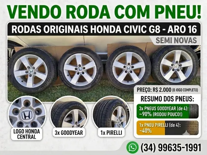 Rodas HONDA CIVIC G8 Aro 16 + Pneus (Semi Novas)