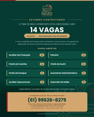 14 VAGAS EM NOVO RESTAURANTE EM BELO HORIZONTE SAVASSI