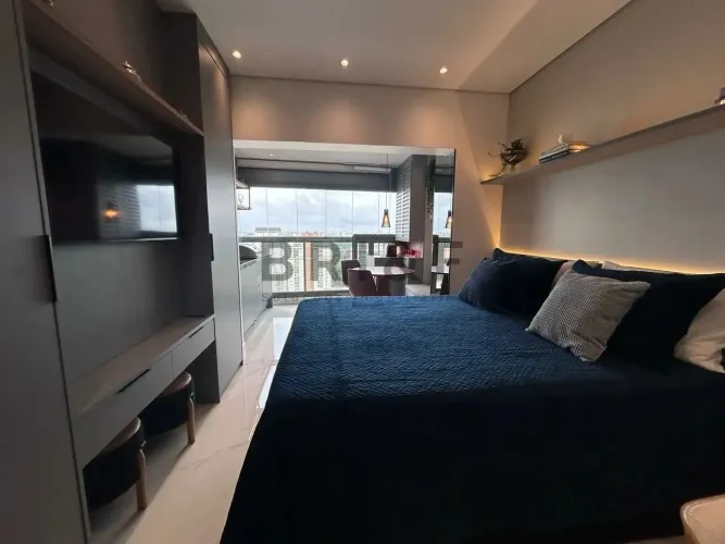 Lindo studio para locação mobiliado no Brooklin, churrasqueira elétrica na varanda e vaga 