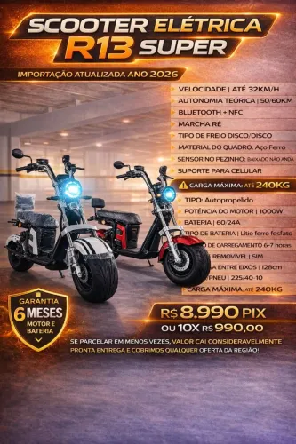 SCOOTER ELÉTRICA R13 - MODELO 2026 - 1000W - BATERIA LÍTIO REMOVÍVEL- 70KM AUTONOMIA