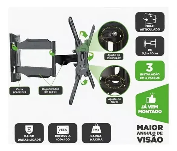 NOVO - Suporte ELG Articulado de Parede para TVs de 26'' até 75'' Carga Máxima de 38kg