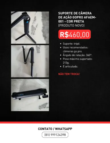 SUPORTE DE CÂMERA DE AÇÃO GOPRO AFAEM - 001 - COR PRETA
