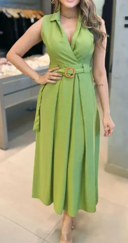 Vestido Midi Verde Elegante com Cinto