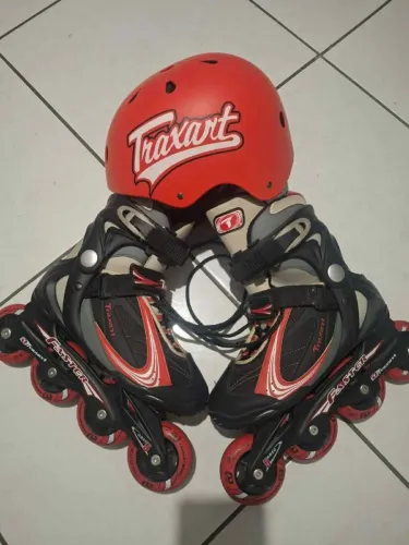 Patins Traxart Faster Abec 5 Tamanho n35  + Kit Proteção Preto e Vermelho