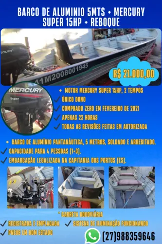 Barco Alumínio 5m + Motor Mercury 15HP + Carreta Legalizada