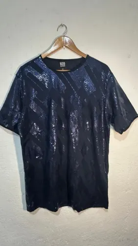 Camiseta masculina de festa azul marinho brilhante tamanho G