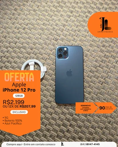 IPHONE 12 PRO, 5G, 128GB, AZUL PACÍFICO, BAT 100%, SEMINOVO, EXCLUSIVO!