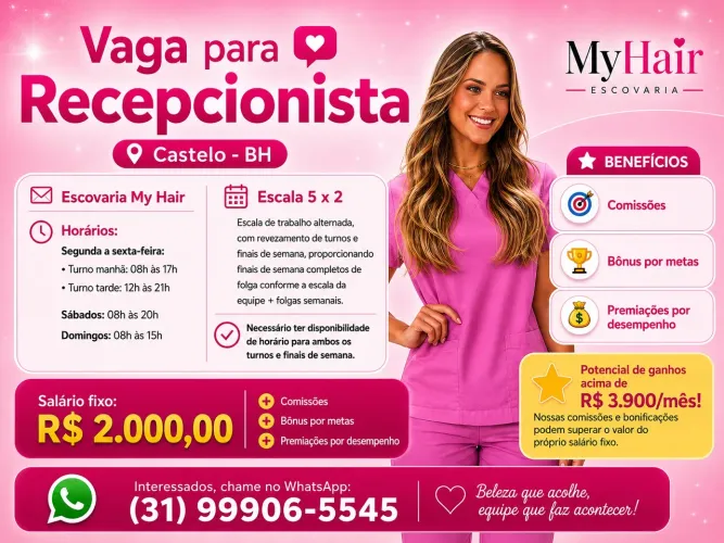 Vaga Recepcionista Salão de Beleza Castelo - BH