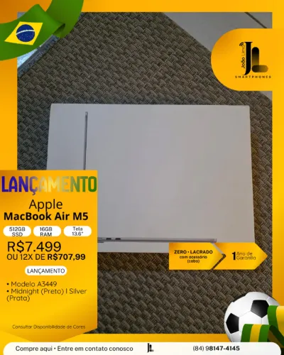 MACBOOK AIR M5, 512GB, 16GB RAM, TELA 13.6 POL., LACRADO, LANÇAMENTO!
