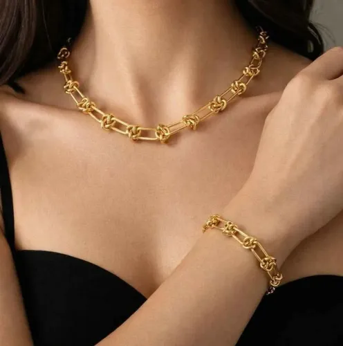 Conjunto feminino Gargantilha e pulseira elos entrelaçados aço Inoxidável