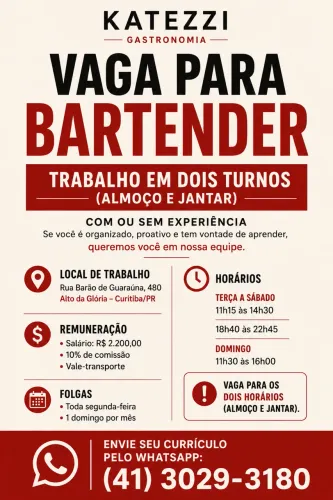 VAGA PARA BARTENDER - KATEZZI GASTRONOMIA
