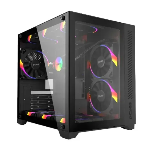 GABINETE GAMER PCYES FORCEFIELD BLACK VULCAN, LATERAL E FRONTAL EM VIDRO, SEM FAN E FONTE