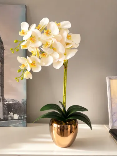Arranjo de flores orquídeas realista vaso dourado 