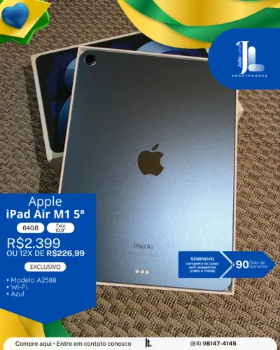 IPAD AIR M1, 5ª, 64GB, TELA 10.9 POL. AZUL,, SEMINOVO , EXCLUSIVO!