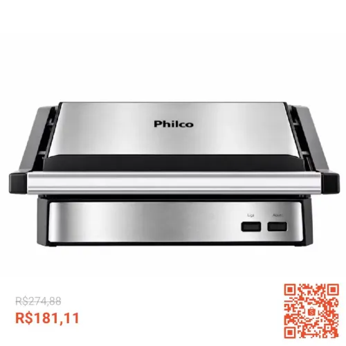 Grill Sanduicheira Elétrica Philco 2 em 1 1000W Antiaderente Abertura 180° Inox