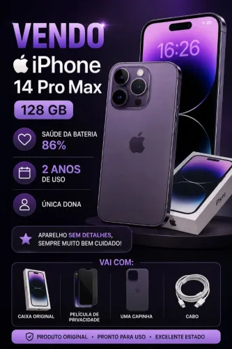 iPhone 14ProMax128GB,única dona,saúde 86%,2 anos de uso,caixa,cabo e película de pri