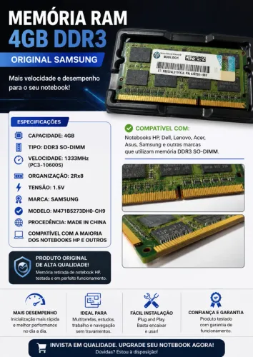 Memória RAM Samsung 4GB DDR3 1333MHz Notebook Original HP Dell Lenovo