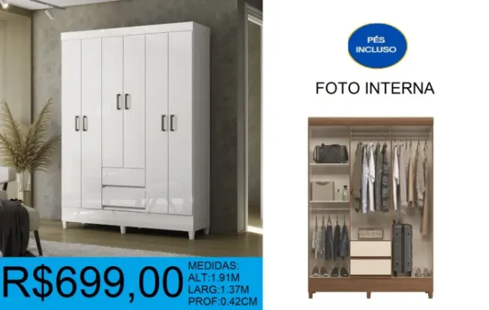 Roupeiro 6 portas com pés - Compre hoje e receba em até 2 dias uteis