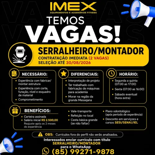 Vaga P/ Serralheiro Montador ( Seleção até 30/08)