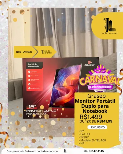 MONITOR PORTÁTIL DUPLO PARA NOTEBOOK, GRASEP, 16 POL. LACRADO, EXCLUSIVO!