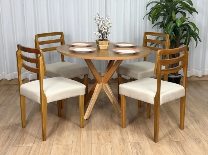 Mesa de Jantar Tampo Circular 108x108cm com 4 Lugares Linho Bege