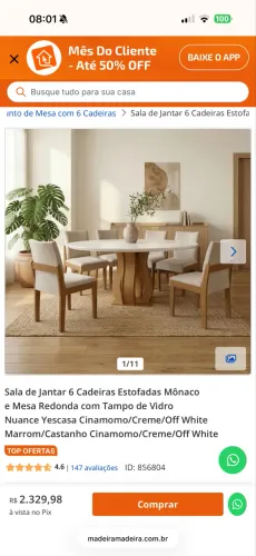 Sala de Jantar 6 Cadeiras Estofadas Mônaco e Mesa Redonda Tampo de Vidro Oportunidade NOVA