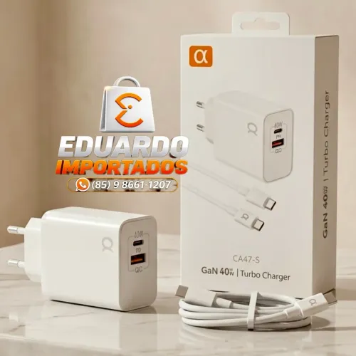 Carregador Ultra Rápido Turbo, Tecnologia GaN 40W Duplo (PD + QC) 