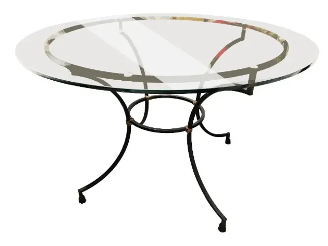 Mesa de jantar redonda com tampo de vidro e base de metal D 120 x A 77cm