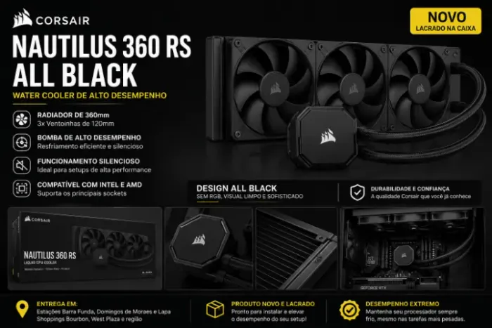 Water Cooler Corsair NAUTILUS 360, 360mm, AMD e Intel, Preto - CW-9060089-WW