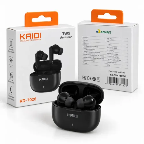Fone Bluetooth Sem Fio Kaidi KD-7026 TWS 5.3 Preto