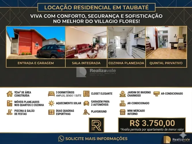 Térrea para aluguel tem 92 metros quadrados com 3 quartos em Bel Recanto - Taubaté - SP