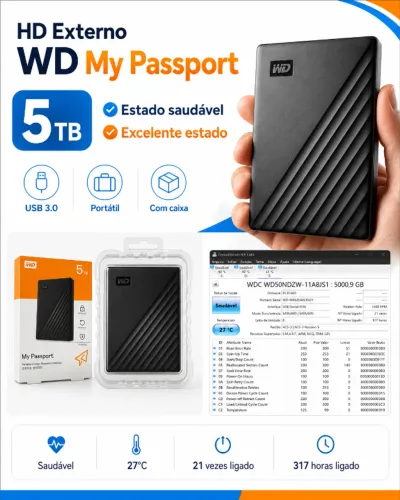 HD Externo WD My Passport 5TB USB 3.0 ? Seminovo, Completo e com Caixa