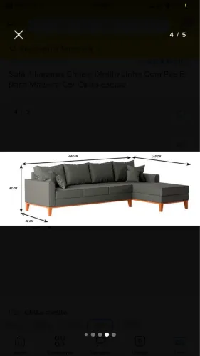 Sofá 4 Lugares Chaise Direito Linho Com Pés E Base Madeira Cor Cinza-escuro