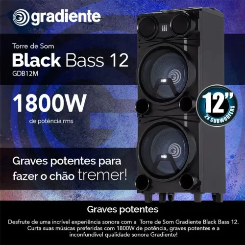 TORRE DE SOM Gradiente GDB12M BLUETOOTH 1800W | BLACK BASS, 2xWOOFERS 12", Bivolt<br>
