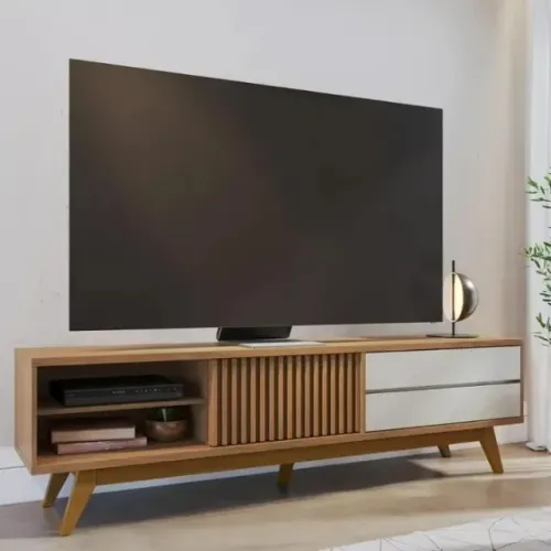 OFERTA - Rack Grande Para Tv Até 75 Polegadas Pés Retrô Em Madeira Maciça Ripado