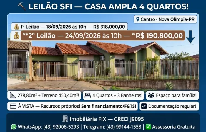 ? LEILÃO SFI ? CASA AMPLA 4 QUARTOS! NOVA OLÍMPIA-PR!