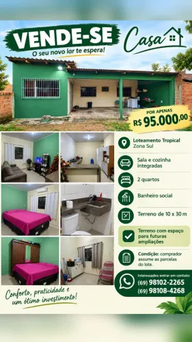 Vende-se casa localizada no loteamento tropical, zona sul de Porto Velho.