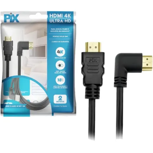 Cabo HDMI PIX 90 Graus 2 Metros 2.0 3D 4K 19 Pinos 018-3322
