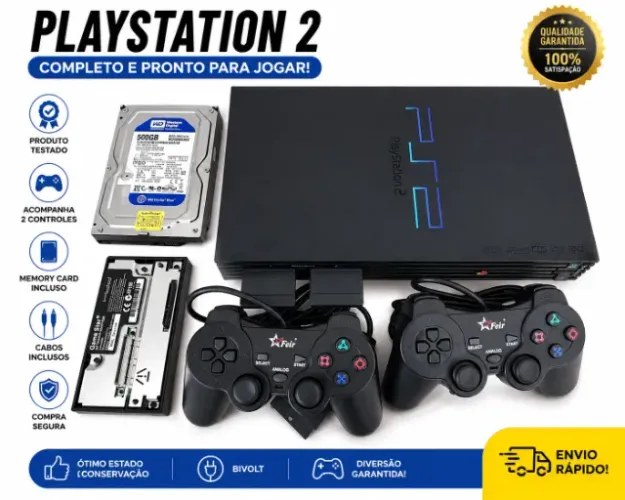 Console PlayStation 2 PS2 Fat 2 Controles Memory Card HDMI HD 500GB