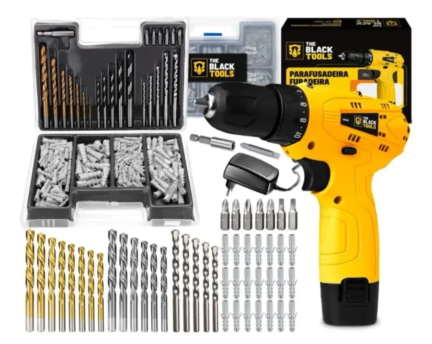 Furadeira 12V bivolt, 10mm, 350RPM + kit 300 peças com brocas, bits e buchas.