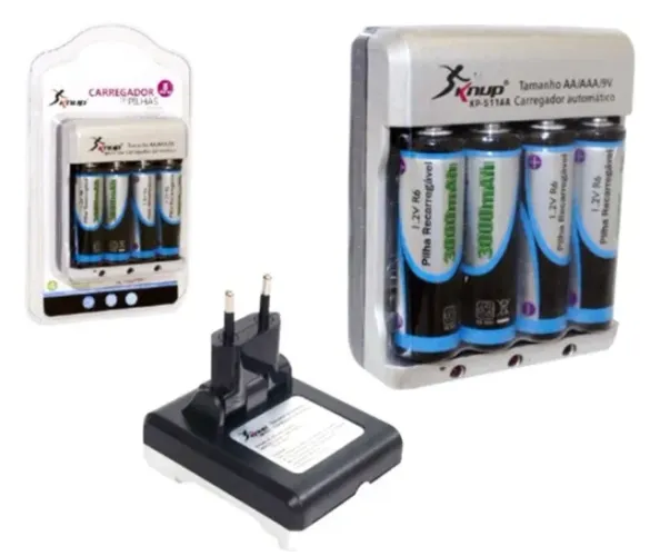 Carregador De Pilha Aa Aaa Bateria 9v Recarregável C/ 4
