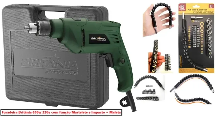 Furadeira Profissional 650w com Maleta Reversão de Rotação + Kit Extensor 21 peças
