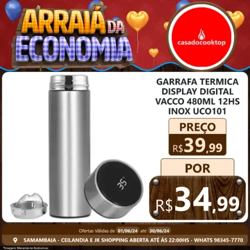 Garrafa termica display digital vacco 480ml 12hs inox uco101
