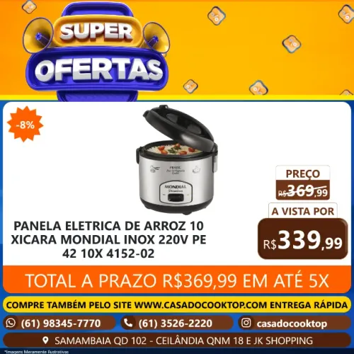 PANELA ELETRICA DE ARROZ 10 XICARA MONDIAL INOX 220V PE 42 10X 4152-02